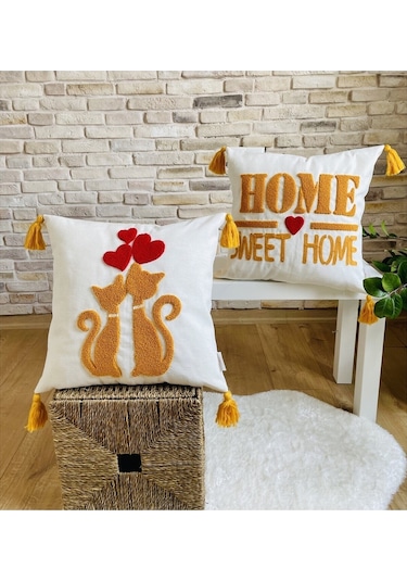 Swita Home Punch İşlemeli 2'li Dekoratif Özel Tasarım Kırlent Kılıfı Panç Hardal - Krem