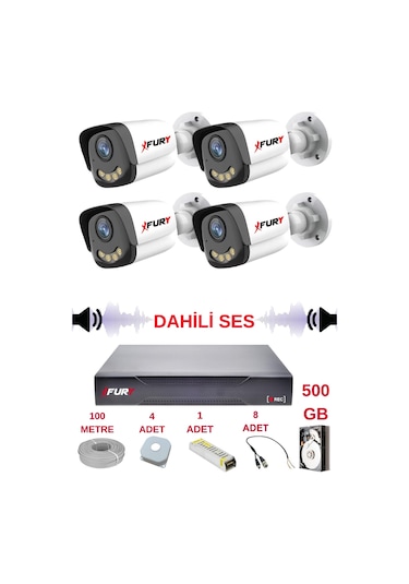 Fury 4 Lü Sesli Gece Renkli Görüş Güvenlik Kamerası Su Geçirmez Güvenlik Kamerası Seti 5590s 500gb