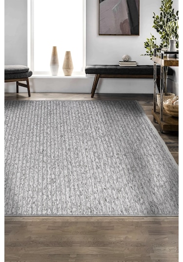 Lidya Bukle Gri Çizgili Halı Kaydırmaz, Kadife Hissi, Kolay Temizlik, Antibakteriyel, Modern Gri