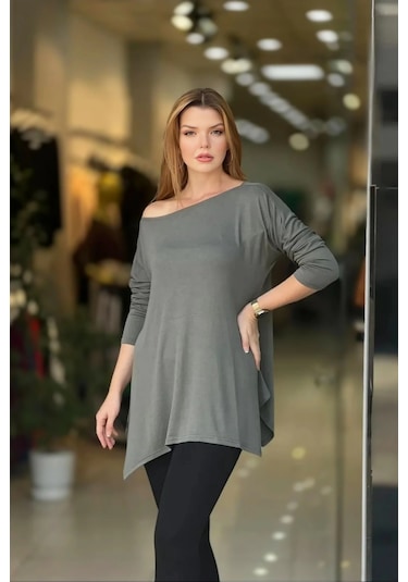 Kayık Yaka Asimetrik Bluz Haki Yeşil