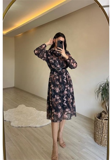 Neşeli Butik Kadın Desenli Gömlek Yaka Midi Elbise Nm011 Siyah