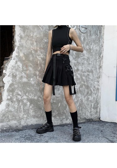 Yüksek Bel Kadın Mini Etek Punk Tarzı Cep Kadın Eteği Yaz Streetweed Kadın Pilili Etek Siyah