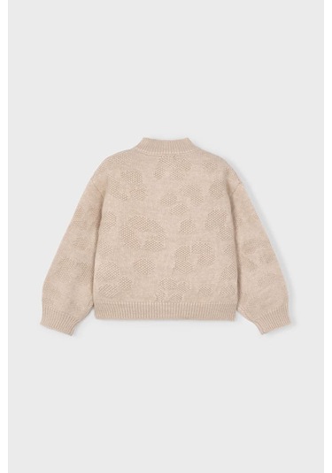 Kız Çocuk Balon Kol Jakar Desenli Triko Hırka - Bej Krem