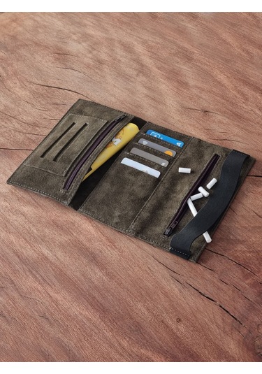 Tütün Kesesi Cüzdan Tütün Çantası Kartlıklı %100 Gerçek Süet Deri Haki Yeşil