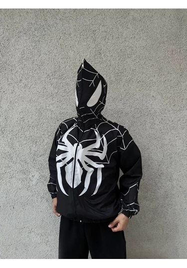 Unisex Uzun Kollu Kapşonlu Rüzgarlik - Siyah Siyah