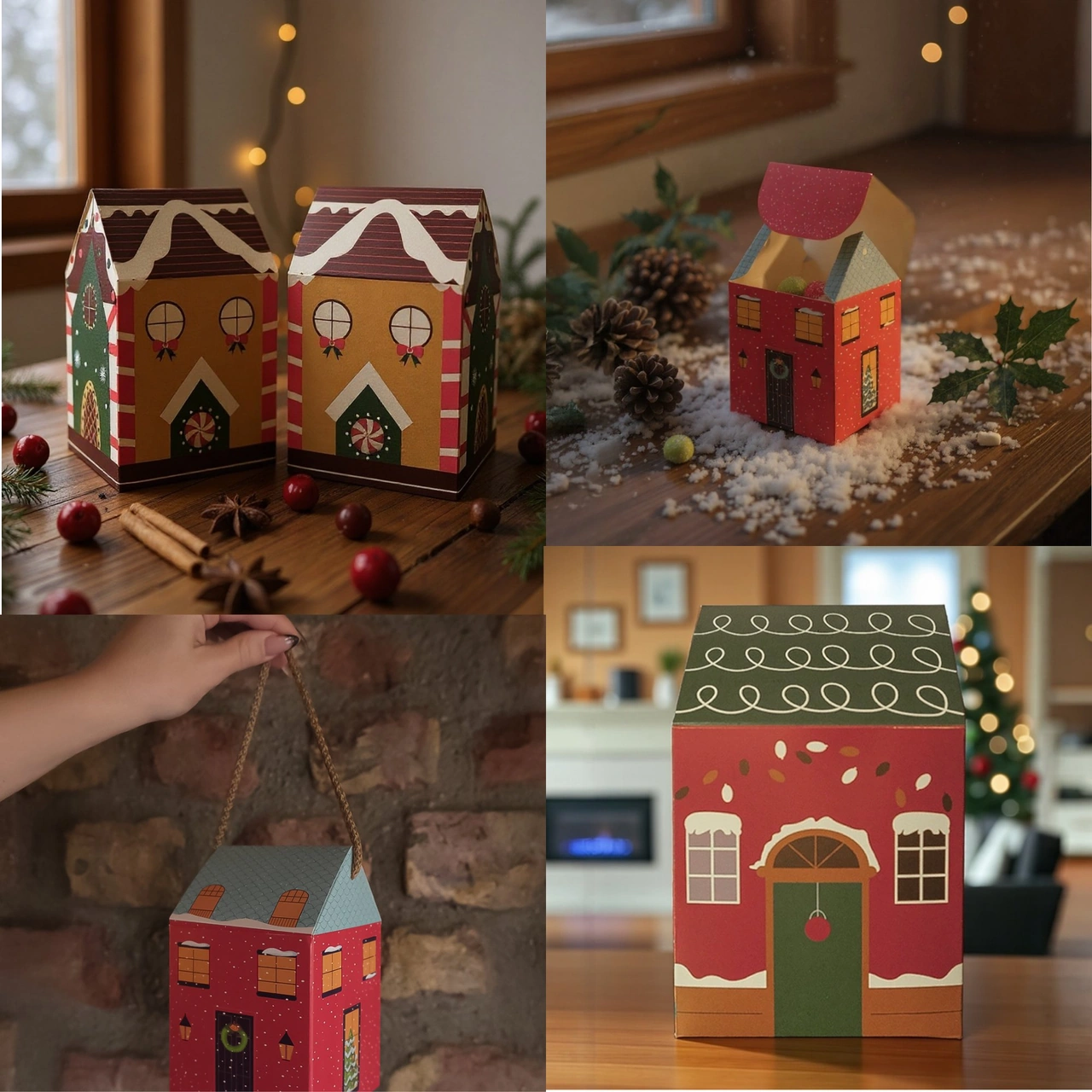 Yılbaşı Ev Tasarımlı Kutu Çanta Seti, Parti, Hediye Çantası, 12li