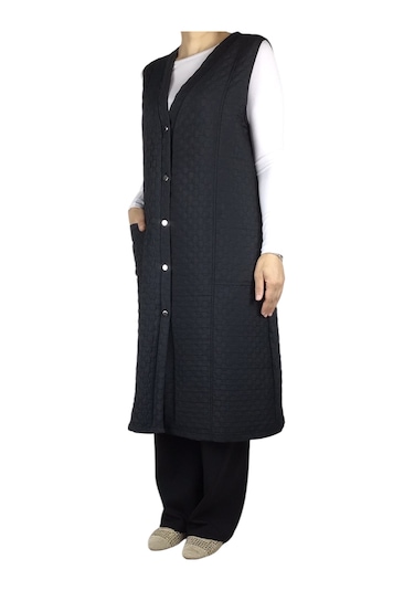 Kadın Önü Düğmeli Üstten Cepli Büyük Beden Kapitone Yelek Siyah