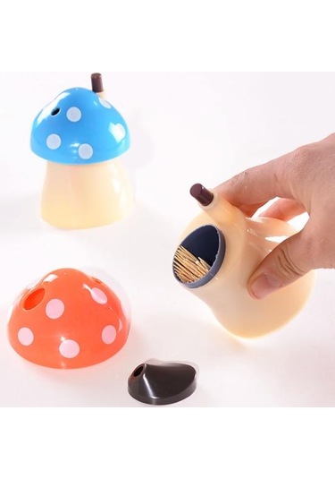 Turuncu Basın Tasarım Otomatik Kürdan Tutucu Toz Geçirmez Büyük Kapasiteli Yaratıcı Mantar Şekilli Masa Kürdan Saklama Kutusu Ev İçin