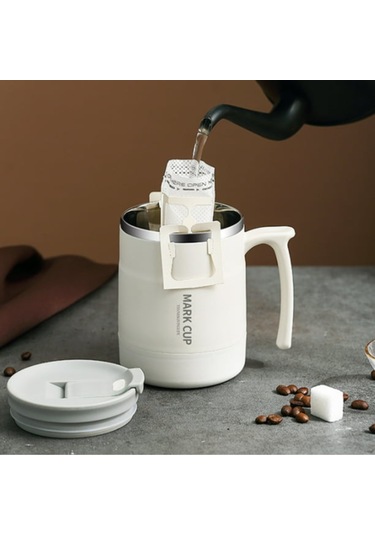 Kosona 500ml Çift Katlı Paslanmaz Çelik Portatif Kahve Bardak, Kollü Kapaklı Ve Çatırtılabilir Kaşık İçeren, Ofis Ve Seyahat İçin Uygun Beyaz