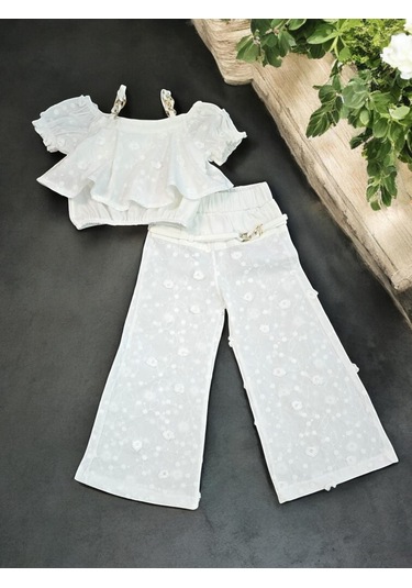 İspanyol Paça Pantolonlu Keten Kız Çocuk Takım Beyaz