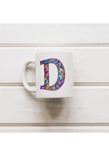 D Harfi Bardak 330 Ml İsme/harfe Özel Hediye, Renkli Harf Tasarım Beyaz