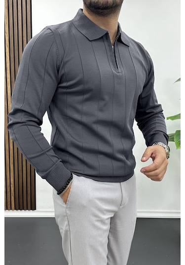 Erkek Yarım Fermuarlı Polo Yaka Mevsimlik Kazak Füme Edw195 Füme