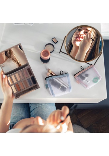 Monyee 3 Adet Mini Şeffaf Nilon Mesh Çantalar - Seyahat Kosmetik, Anahtar, Kart Organizer Çantaları Mavi, Pembe, Yeşil