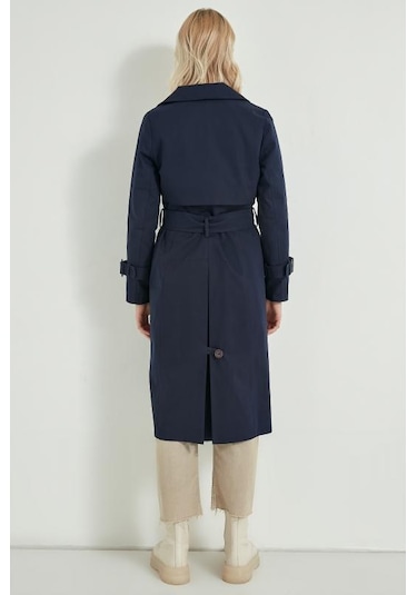 Pastelastore %100 Pamuk Gabardin Uzun 110cm Astarlı Kemerli Kadın Trençkot 1111 Lacivert