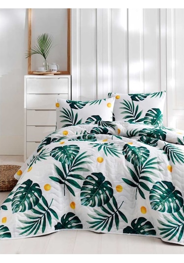 Eponj Home Kapitone Yatak Örtüsü Seti Çift Kişilik Monstera Yeşil