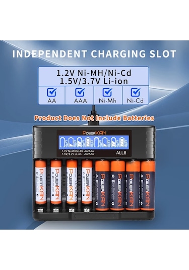 Xuweiwei Powerkan 8 Yuvalı Aa Aaa Pil Şarj Cihazı Tümü8 1.2v Ni-mh Ni-cd 350mahx8 1.5v Li-ion 200mahx8 Usb-c Kablo Dahil