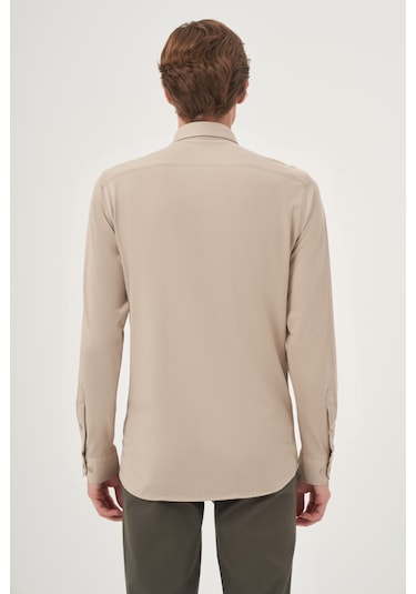 Morven Erkek Bej Örme Slim Fit Düğmeli Yaka Gömlek 25ms004024653 Bej Bej