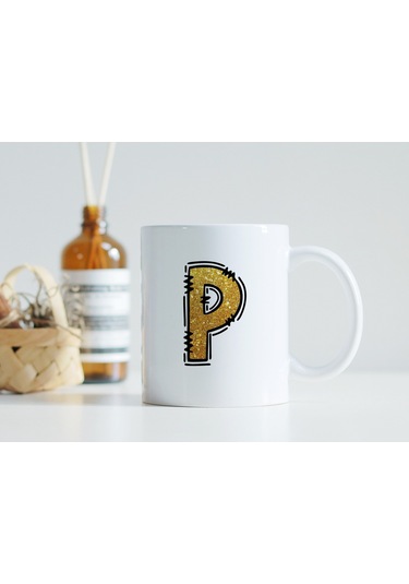 P Harfi Gold Simli Kupa Işıltılı Alfabe Harf Tasarımlı Kahve Kupası - Kişiye Özel Hediye Beyaz