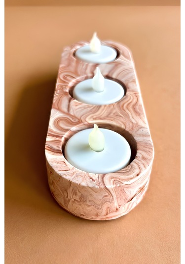 Kahverengi Mermer Desenli 3 Gözlü Beton Mumluk Minimalist Tealight Ve Dekoratif Şamdan Kahverengi