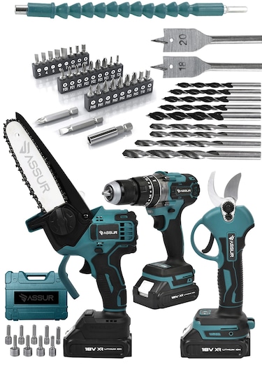 Assur ASR1037 18V Matkap Budama Testeresi Makası 3'lü Set Mavi