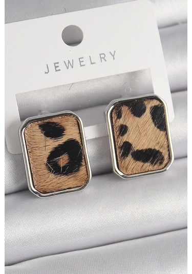 Pirinç Gümüş Renk Leopar Desenli Kare Model Kadın Küpe Çok Renkli