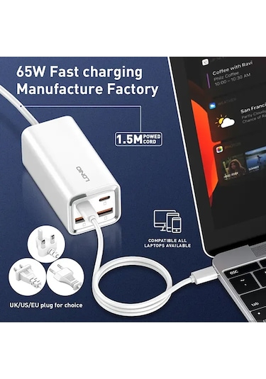 Ldnıo A4610c Pd65w Çift Usb-c / Tip-c + Çift Usb Hızlı Şarj Cihazı, Kablo Uzunluğu: 1.5m, Fiş Tipi: Ab Fiş ﾡﾤ Beyaz Beyaz