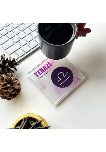 Decorita Cam Bardak Altlığı Burçlar - Terazi Burcu 4'lü Takım Çok Renkli