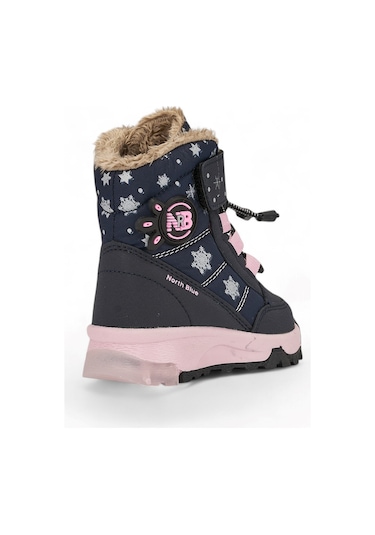 Günlük Kız Çocuk Kar Botu Cırtlı Lastik Bağcıklı Kürklü Kar Desenli Kalın Tırtıklı Taban Bootie 014 Lacivert-pudra
