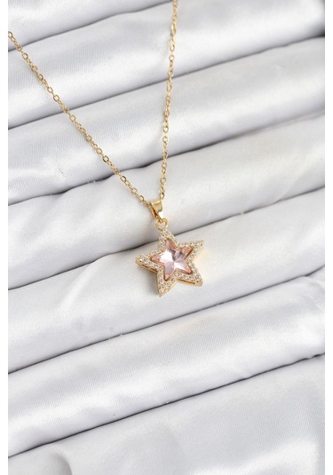 316l Çelik Zincir Pembe Taşlı Yıldız Model Kadın Kolye - Prt3500eb09342-95264 altın