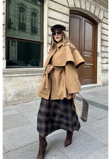 Camel Livia Pelerin Detaylı Kaşe Kaban Camel