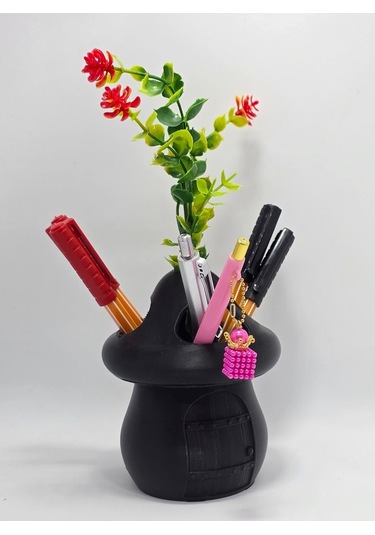 Kalemlik Siyah Sima Mantar Çiçekli Üç Gözlü Kalemlik Düzenleyici Siyah