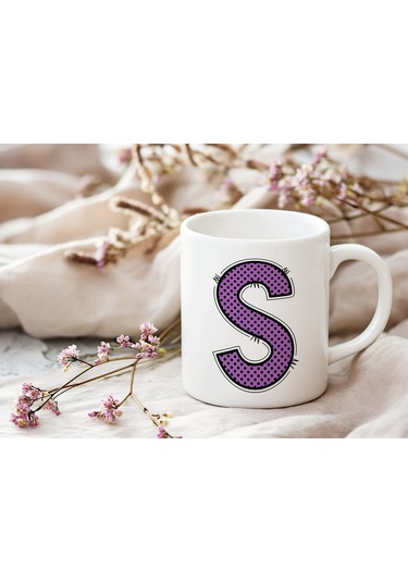 S Harfi Mor Puantiyeli Kupa Bardak - Polka Dot Tasarım Kahve Çay Bardak - Kişiye Özel Hediyelik Beyaz