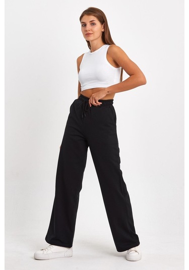 MMetalic Kadın Mevsimlik Salaş Geniş Rahat Paça Yan Cepli Siyah Eşofman Altı Siyah 001