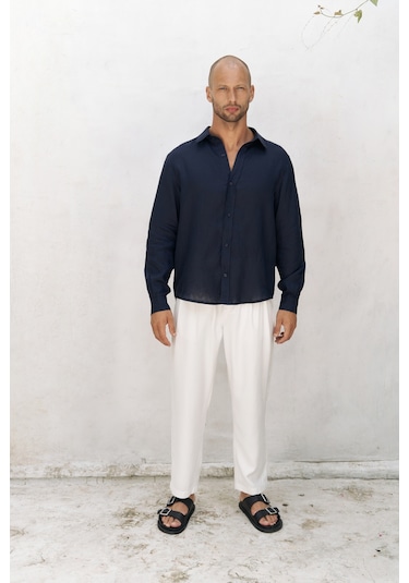 Mai Collection Mai Studios Co. Bice Lacivert Keten Oversize Erkek Gömlek Lacivert