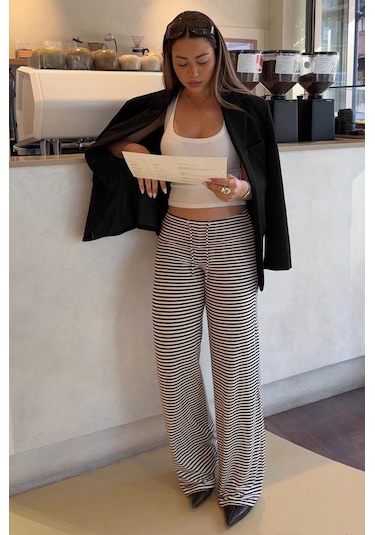 Madmext Siyah Çizgili Straight Fit Kadın Eşofman Altı Mg2786
