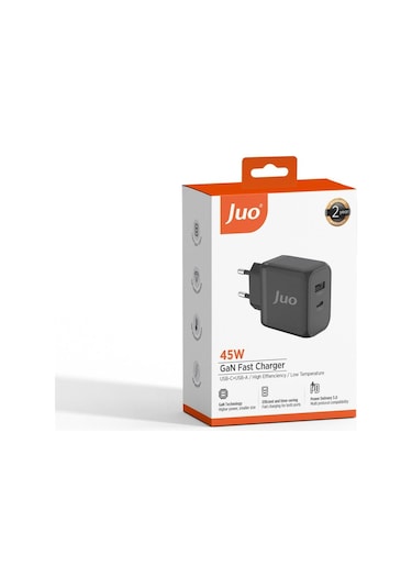 Juo 45W GaN USB-C + USB-A Şarj Aleti iPhone & iPad & Macbook & Samsung Uyumlu PD Type-C Hızlı Şarj Cihazı Siyah