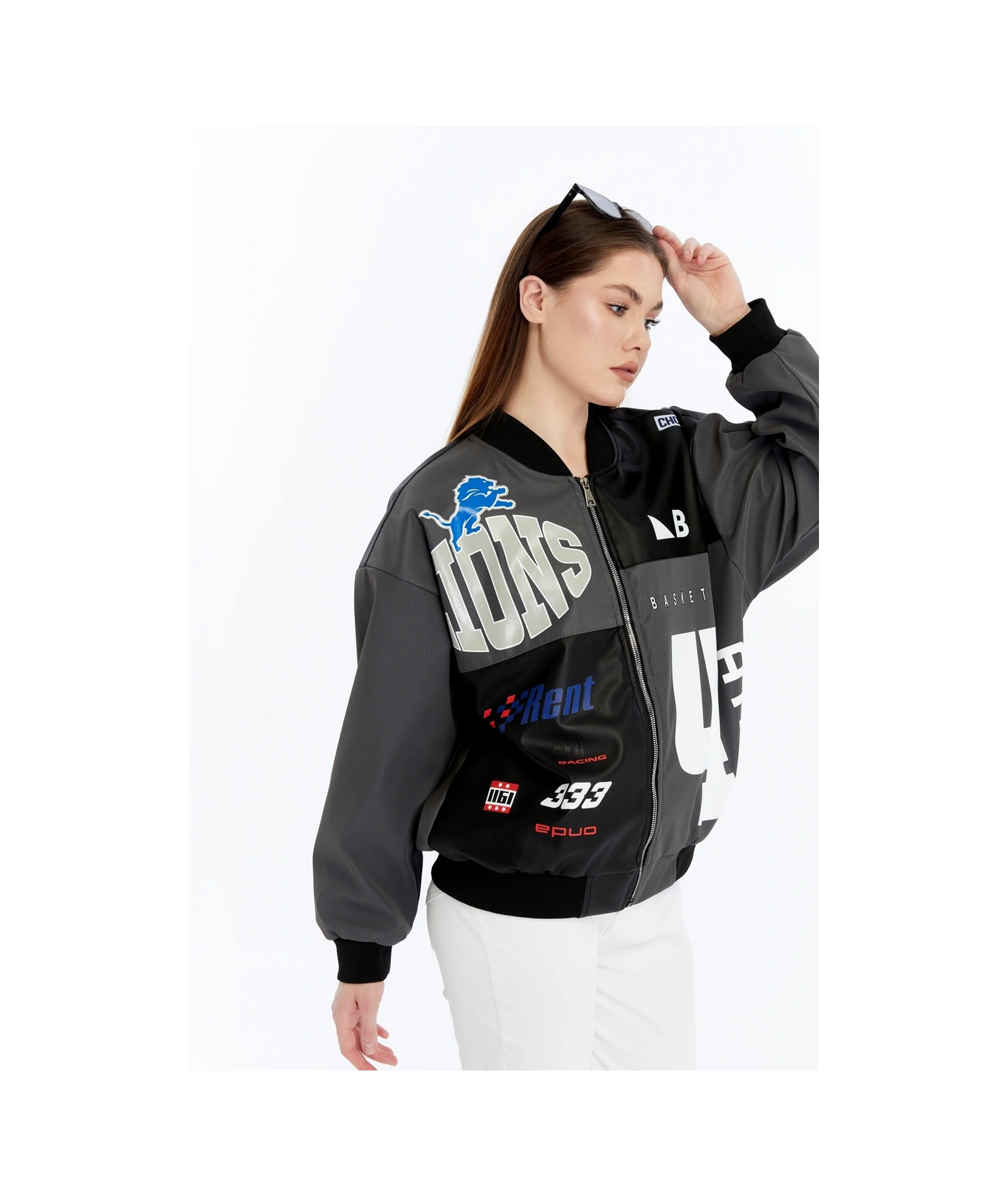 Kadın Oversize Baskılı Deri Motorcu Montu Fermuarlı Yarışçı Ceket Astarlı Bomber Kolej Mont Antrasit