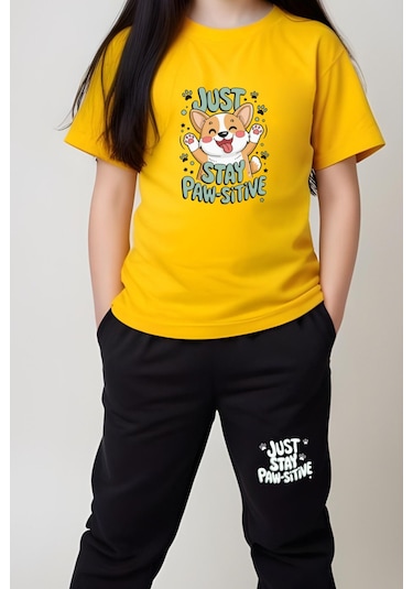 Just Stay Paw Baskılı Kız Çocuk Tişört Ve Eşofman Alt-üst Takım Sarı