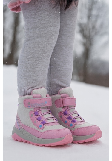 Kız Çoçuk Sim Detaylı Kışlık Kaymaz Taban Su Geçirmez Cırt Cırtlı Yarım Bot Pembe
