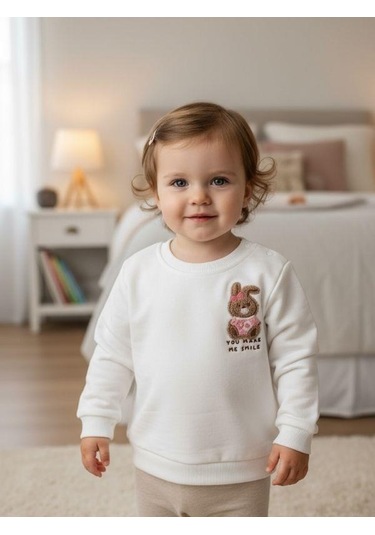 Zekids Kız Bebek Pamuklu Punch Tavşan Nakışlı Sweatshirt-16336 Beyaz