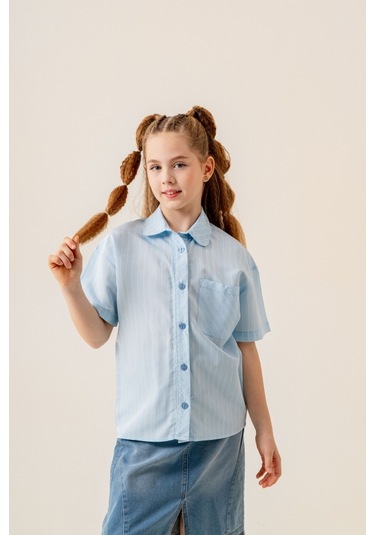 Kız Çocuk Bebe Yaka Yarım Kol Gömlek 3171 Mavi