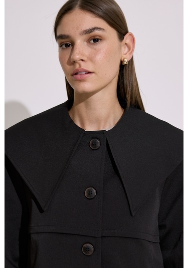 Geniş Yaka Crop Trençkot Siyah Siyah