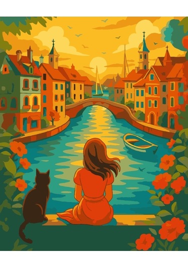 Denic Sayılarla Boyama Seti 40x50 Cm (Çıtalı) Fırça Boya Dahil Numaralı Tuval Kız ve Kedi