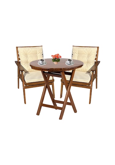 Heybeli Ahşap Bahçe Balkon Seti: 60lık Masa + 2 Minderli S