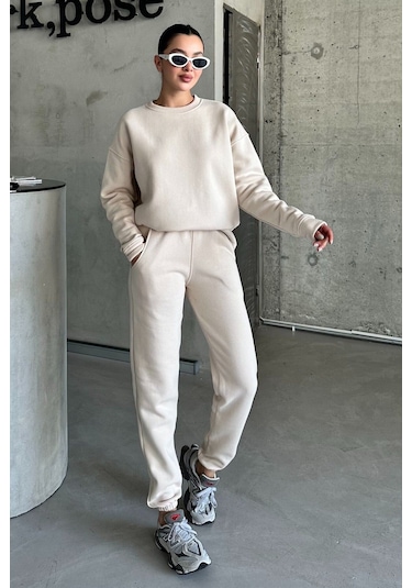 Modagen Unisex Bej Bisiklet Yaka Düz Oversize Alt-üst Eşofman Takımı Bej