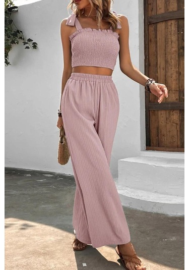 Üstü Gipeli Crop Beli Lastikli Bol Pantolon İkili Alt Üst Takım Pudra Pudra