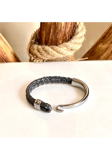 %100 Deri&krom Kombin Gri Erkek Bileklik Net 22cm Türk El Üretim Gri