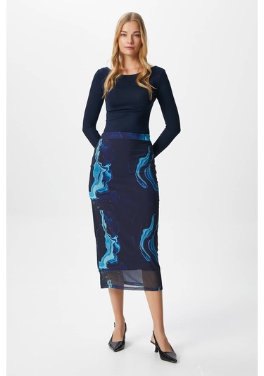 Kadın Dania Astarlı Bel Lastikli Şifon Mavi Midi Kalem Etek Mavi