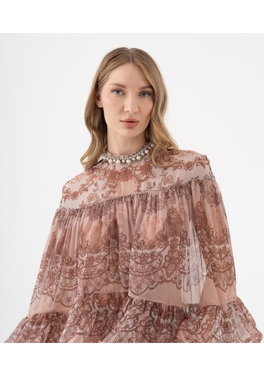 Dantel Desenli Katlı Şifon Volanlı Bluz Kahve