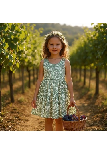 Çiçekli Kız Çocuk Elbise St09118 Yeşil
